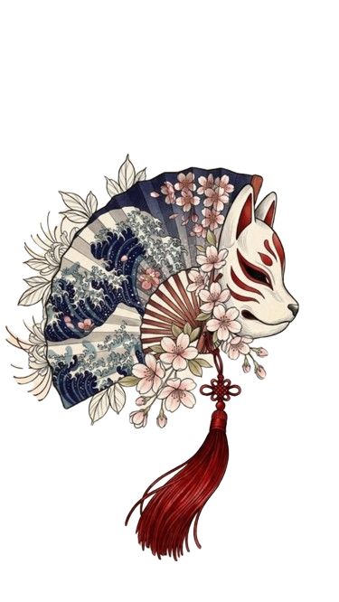 Wave and kitsune floral fan illustration